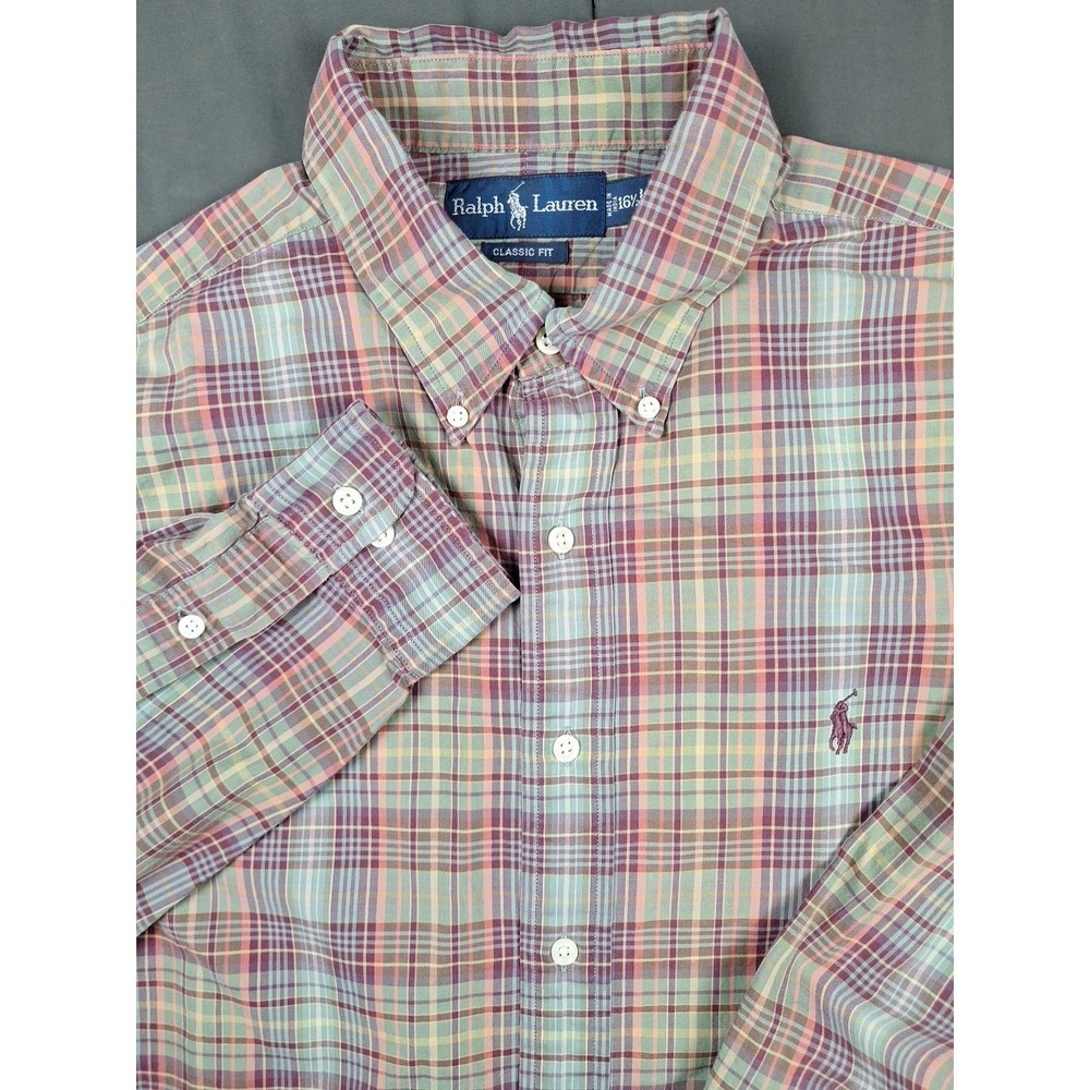 Polo Ralph Lauren Shirt Mens 16.5 Large Red Green Plaid Classic Fit Preppy Fall